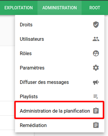 Menu administration de la planification