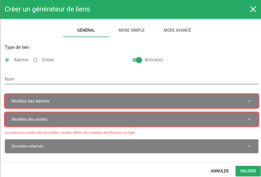 Fenêtre des paramètres généraux des générateurs de liens