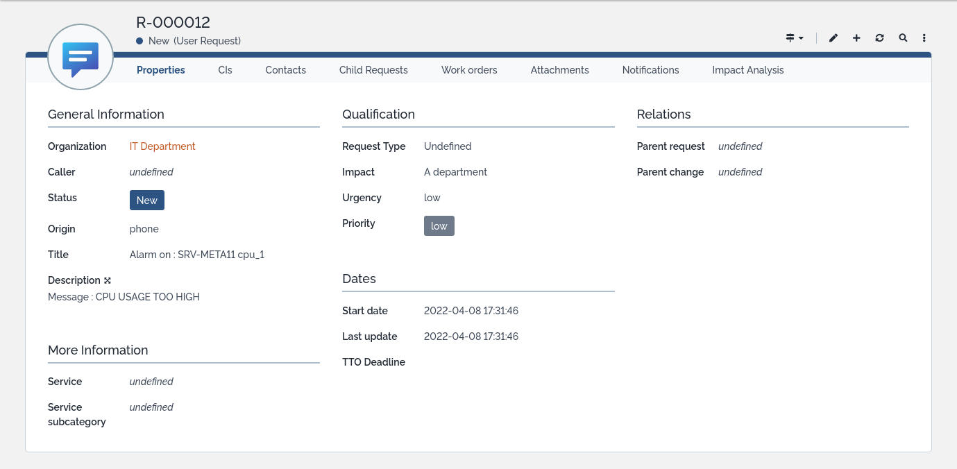 Ticket dans l'interface Itop