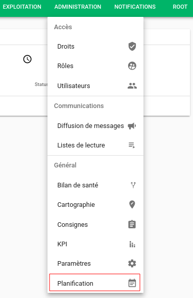 Menu administration de la planification