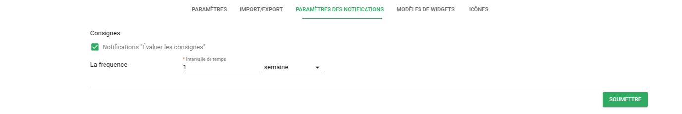 Onglet paramètres de notifications