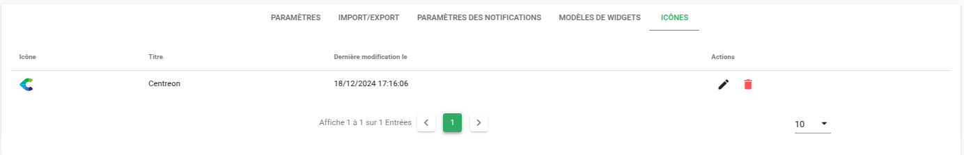 Onglet paramètres des icones